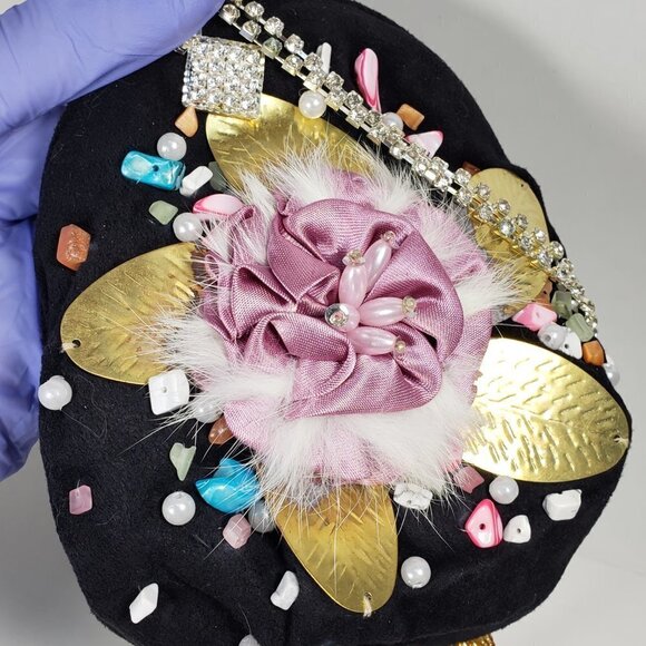 Black Coin Purse with Pink Satin Flower, Gems & Gold Leaf – Statement Mini Bag - Picture 9 of 11